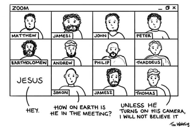 Zoom cartoon doubting thomas